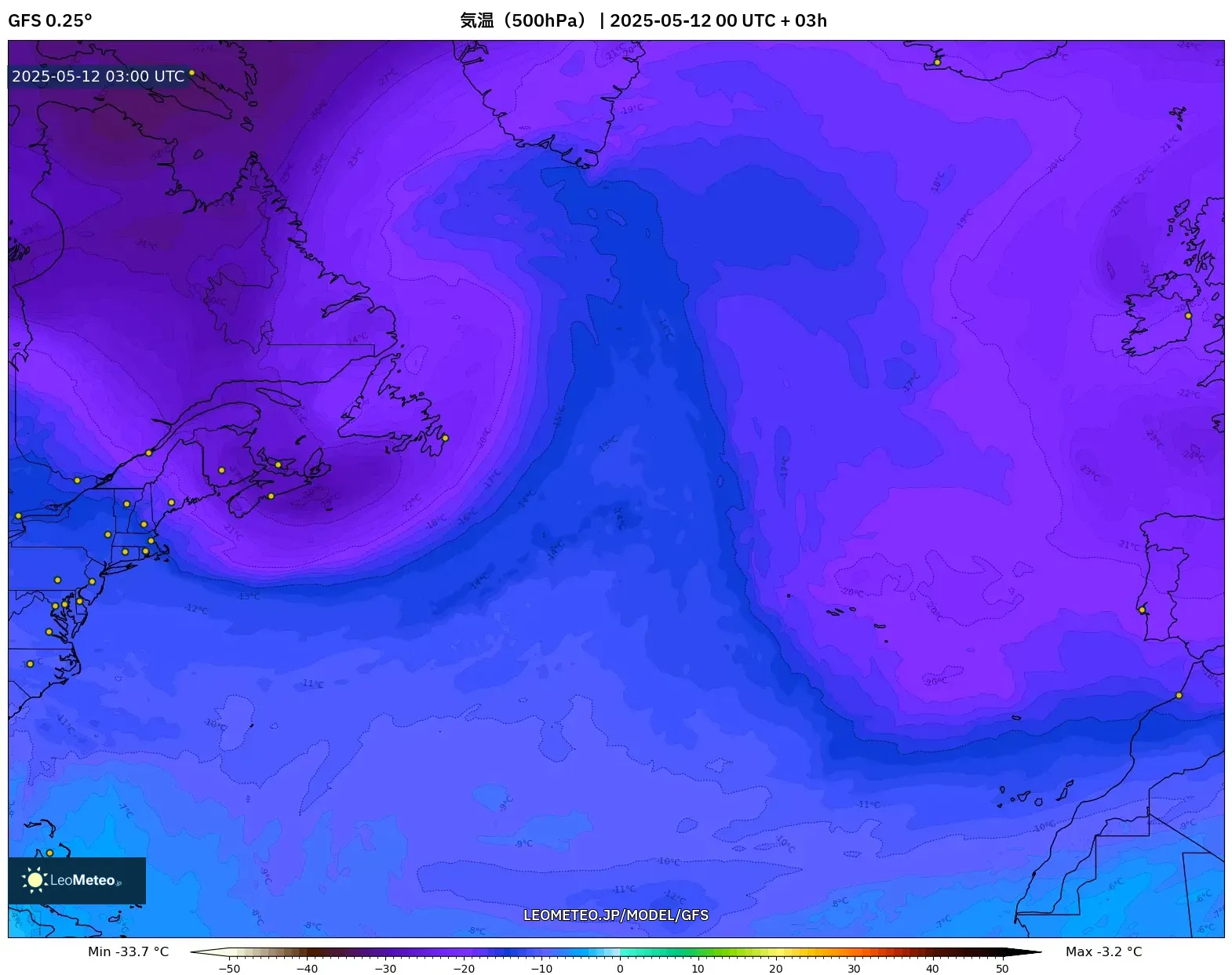 GFS - 北大西洋, 気温(500hPa) GFS - 北大西洋, 気温(500hPa)