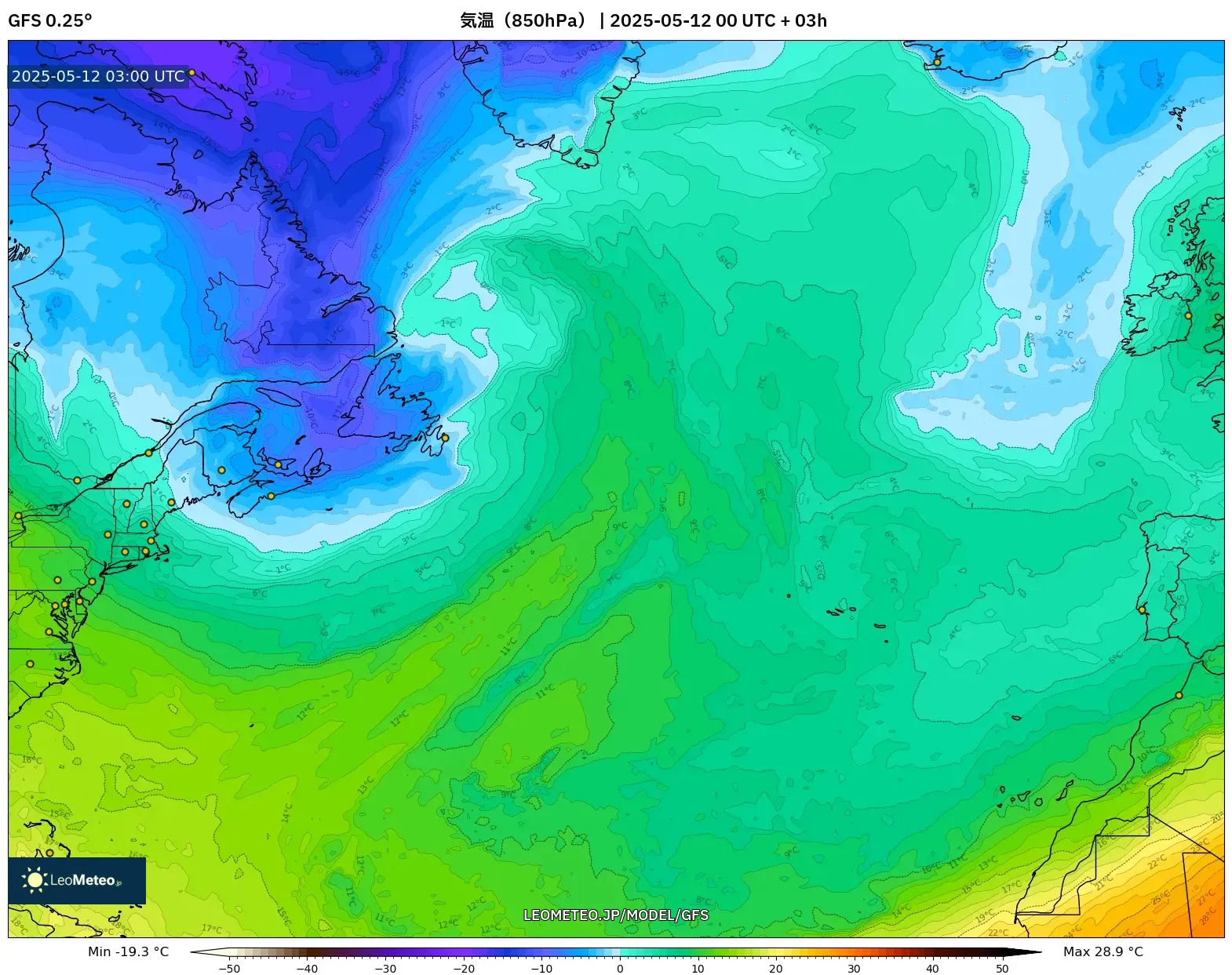 GFS - 北大西洋, 気温(850hPa) GFS - 北大西洋, 気温(850hPa)