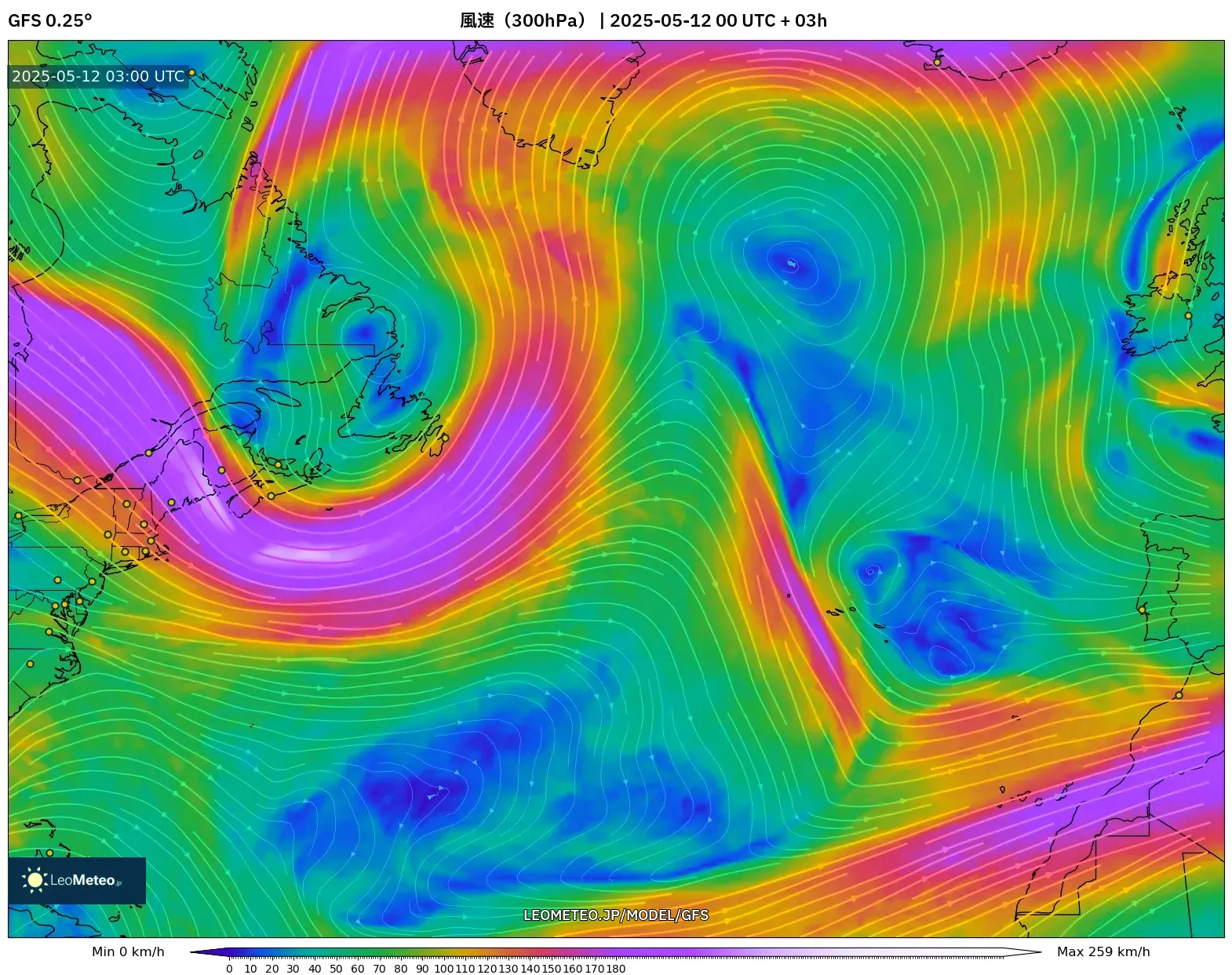 GFS - 北大西洋, 風速(300hPa) GFS - 北大西洋, 風速(300hPa)