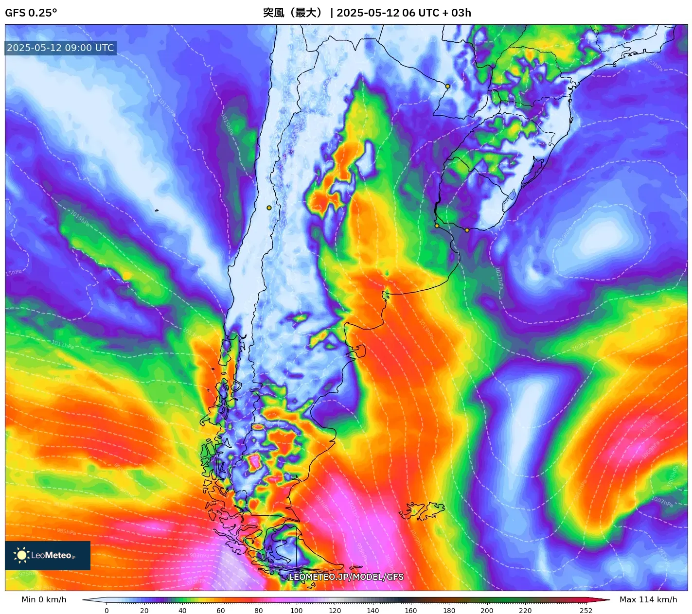 GFS - アルゼンチン, 突風(最大) GFS - アルゼンチン, 突風(最大)