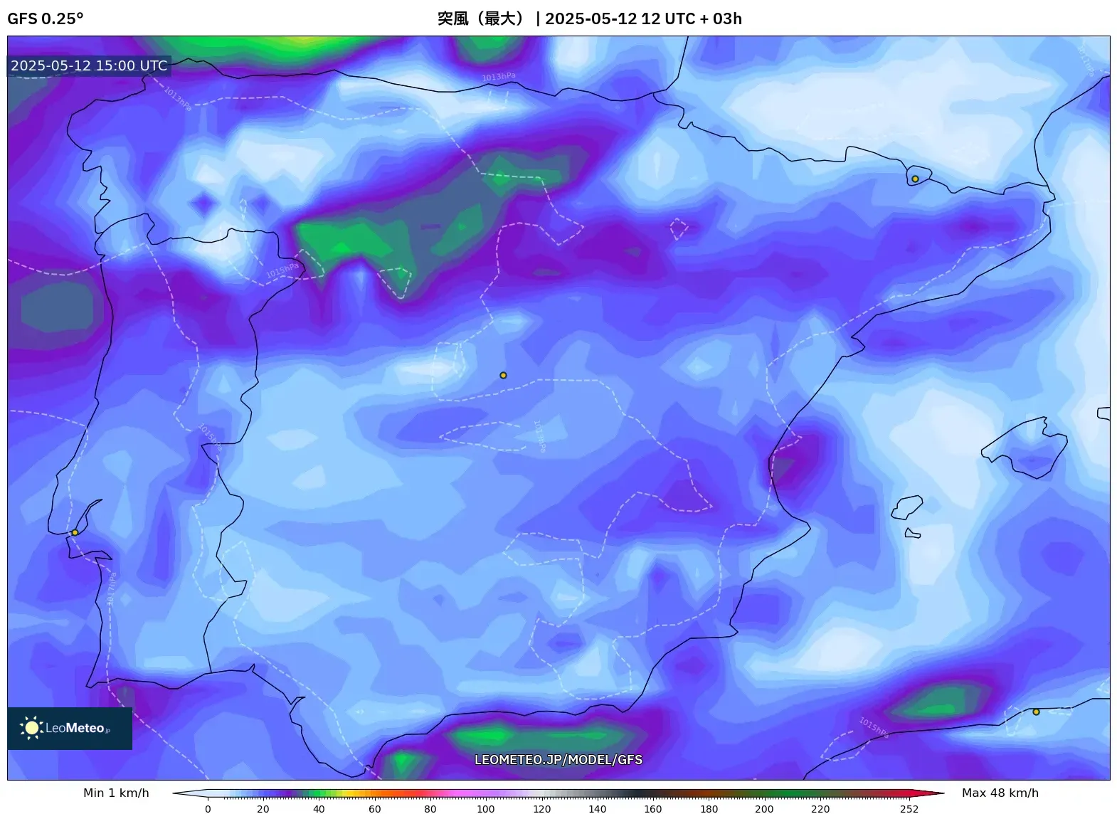 GFS - スペイン, 突風(最大) GFS - スペイン, 突風(最大)