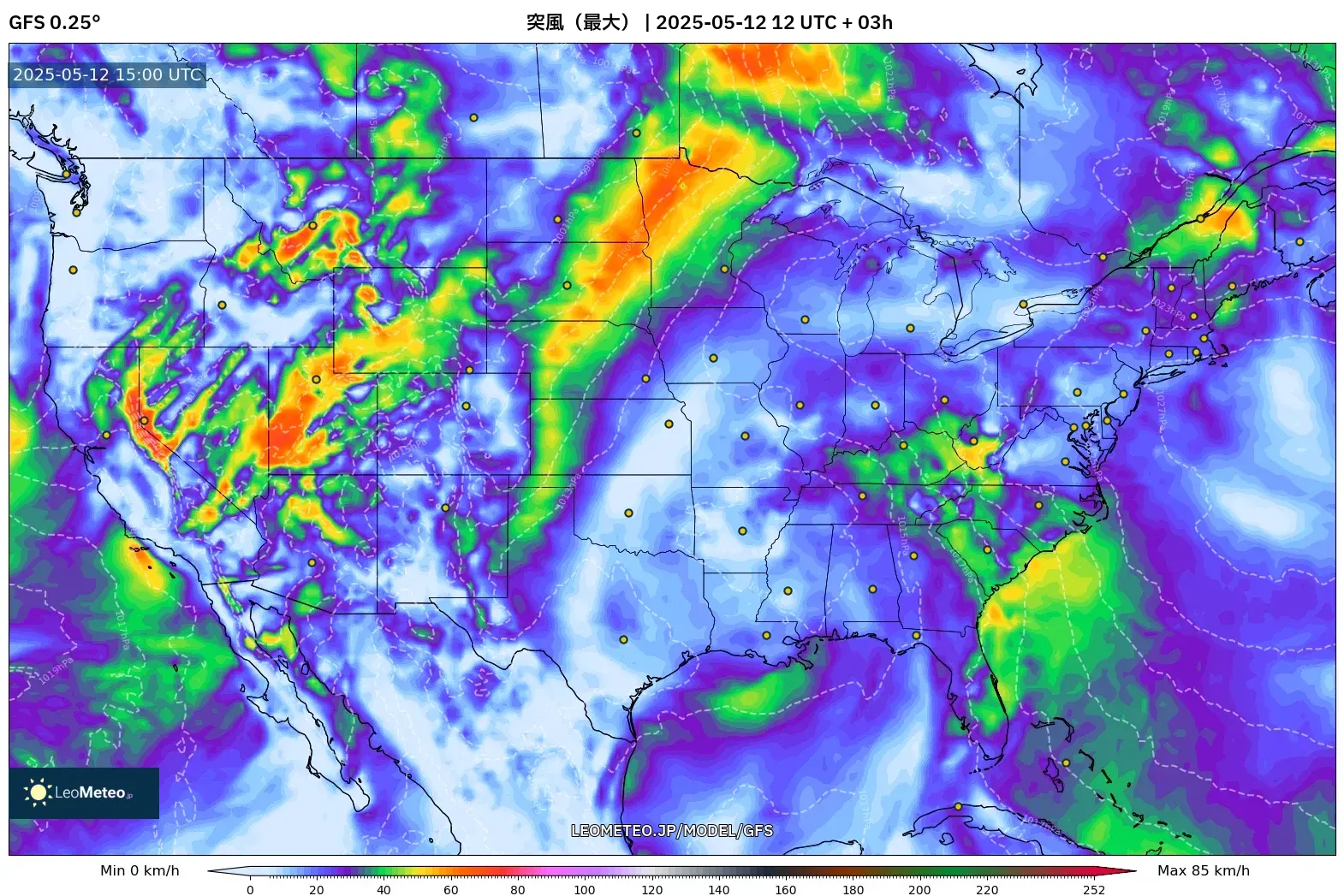 GFS - アメリカ合衆国, 突風(最大) GFS - アメリカ合衆国, 突風(最大)