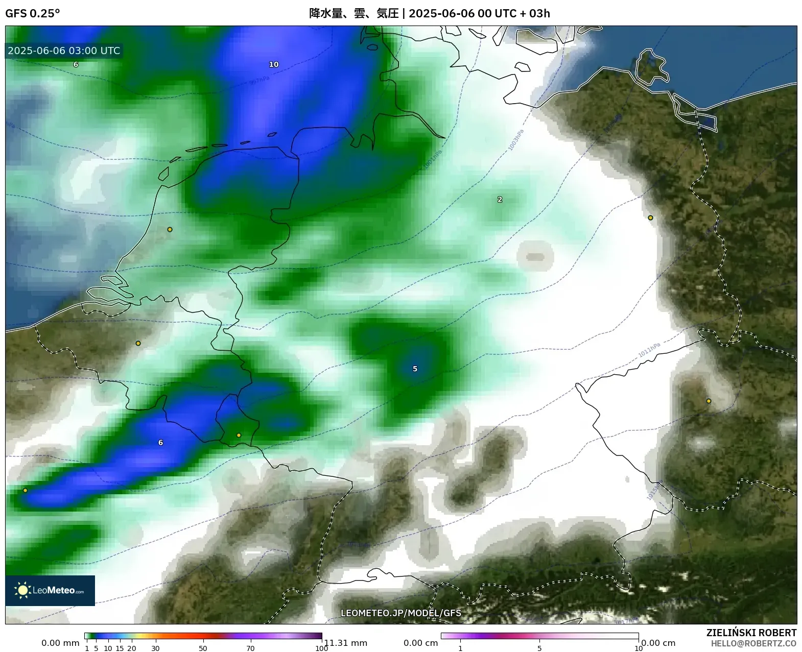 GFS model - ドイツ, 降水量、雲、気圧 GFS model - ドイツ, 降水量、雲、気圧