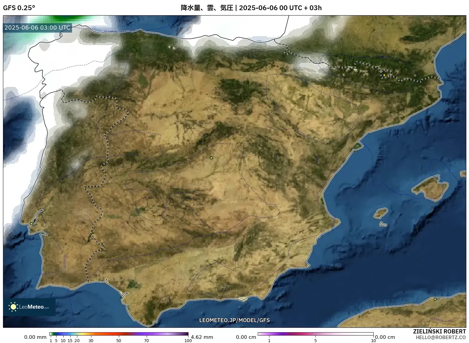 GFS model - スペイン, 降水量、雲、気圧 GFS model - スペイン, 降水量、雲、気圧