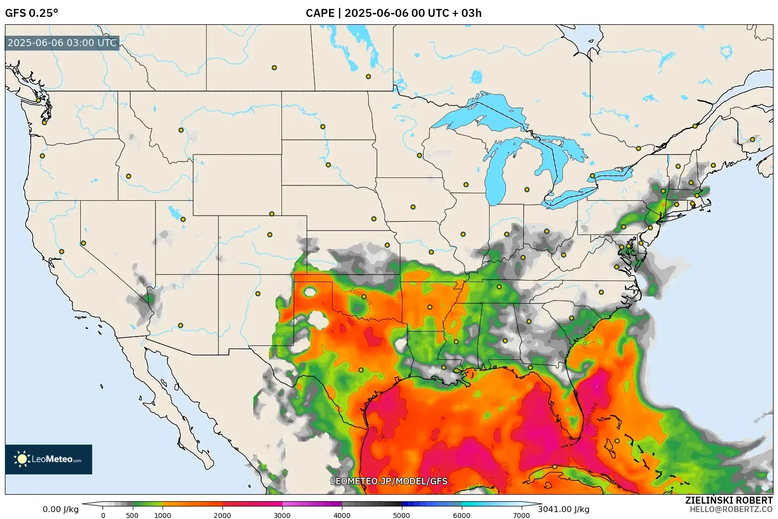 GFS model - アメリカ合衆国, CAPE GFS model - アメリカ合衆国, CAPE
