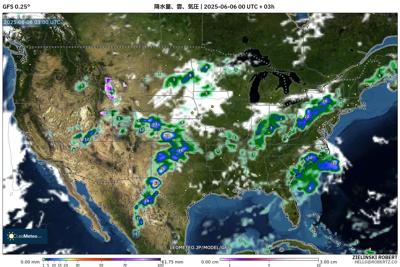 GFS model - アメリカ合衆国, 降水量、雲、気圧 GFS model - アメリカ合衆国, 降水量、雲、気圧