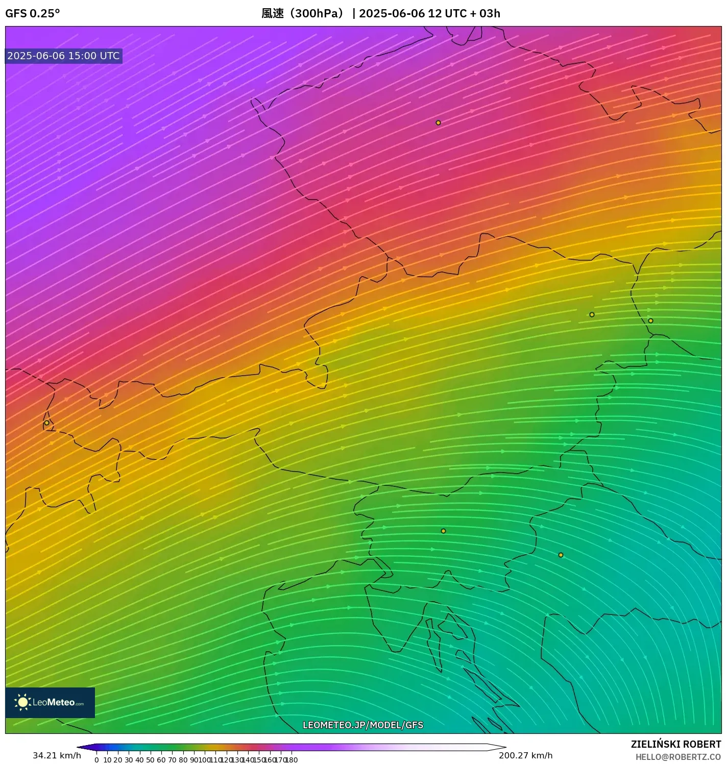 GFS model - オーストリア, 風速(300hPa) GFS model - オーストリア, 風速(300hPa)