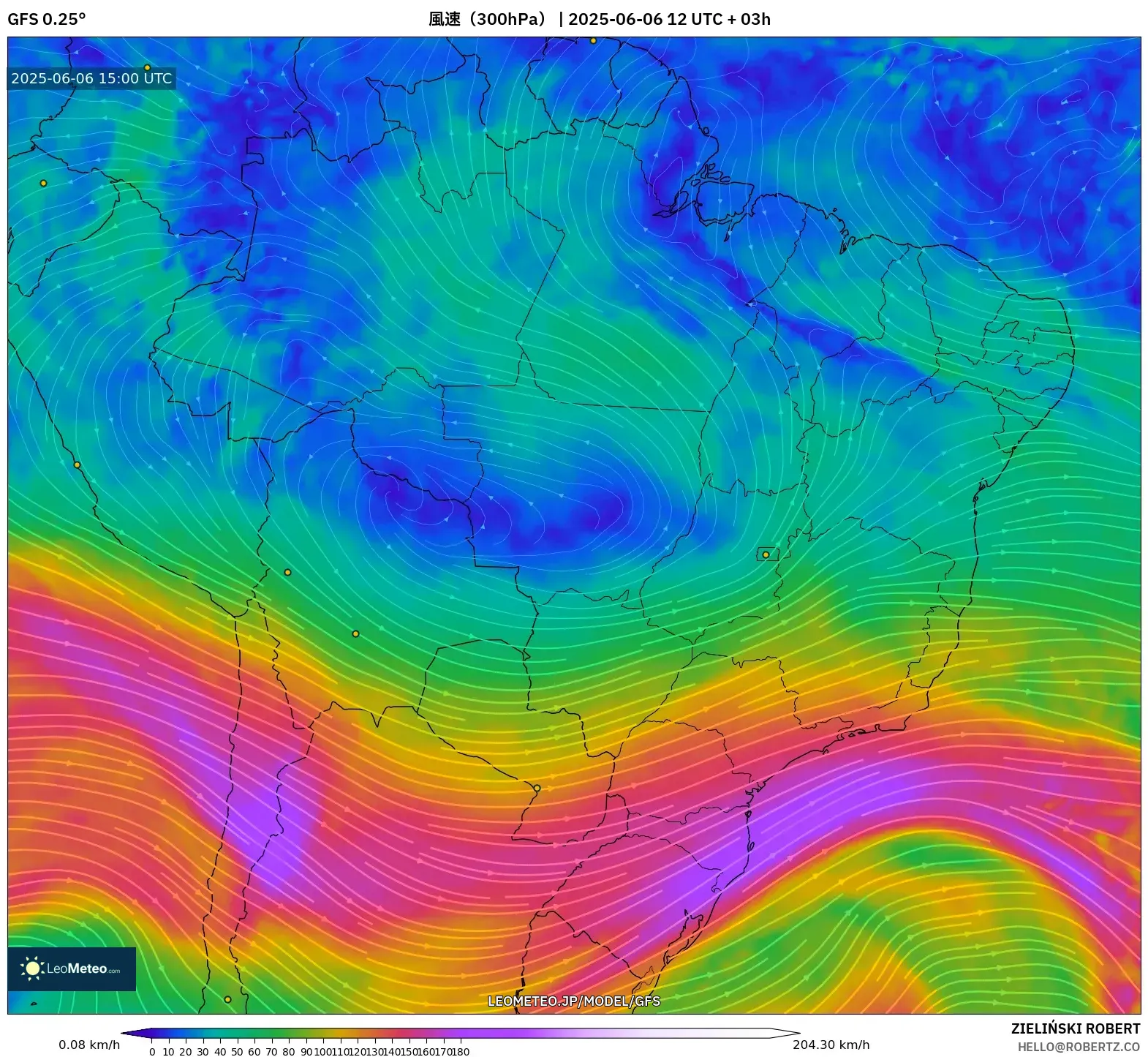 GFS model - ブラジル, 風速（300hPa）