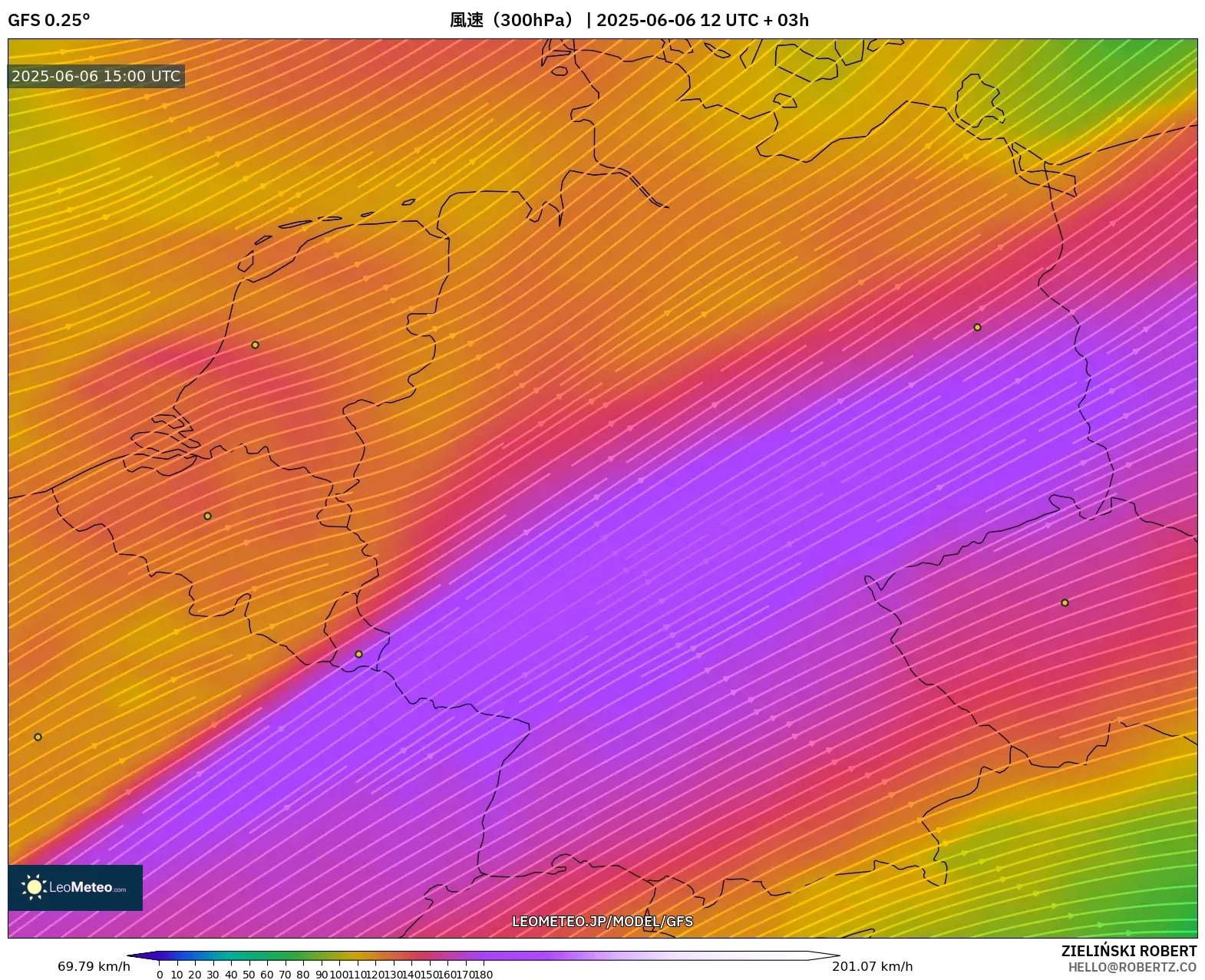 GFS model - ドイツ, 風速（300hPa）