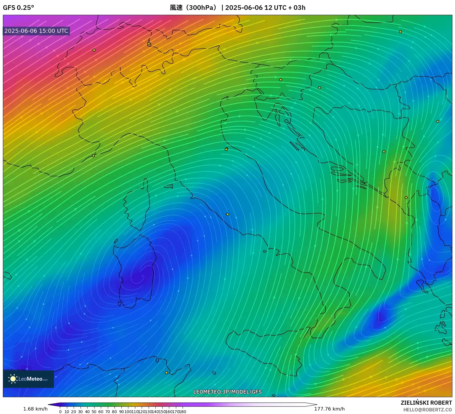 GFS model - イタリア, 風速(300hPa) GFS model - イタリア, 風速(300hPa)