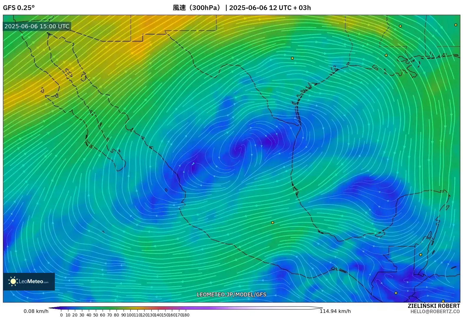 GFS model - メキシコ, 風速(300hPa) GFS model - メキシコ, 風速(300hPa)
