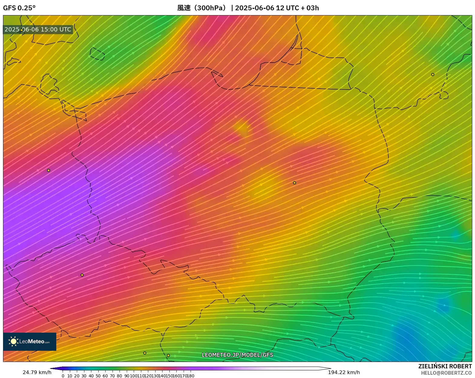 GFS model - ポーランド, 風速(300hPa) GFS model - ポーランド, 風速(300hPa)