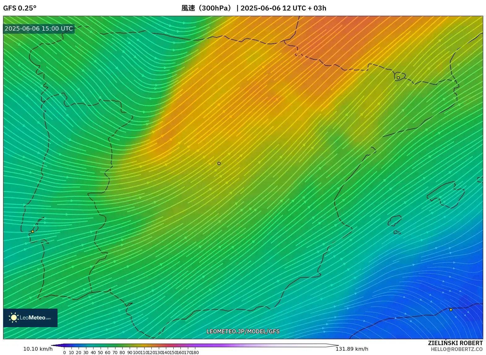 GFS model - スペイン, 風速(300hPa) GFS model - スペイン, 風速(300hPa)