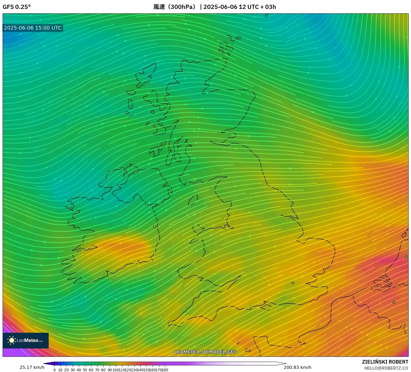 GFS model - イギリス, 風速(300hPa) GFS model - イギリス, 風速(300hPa)
