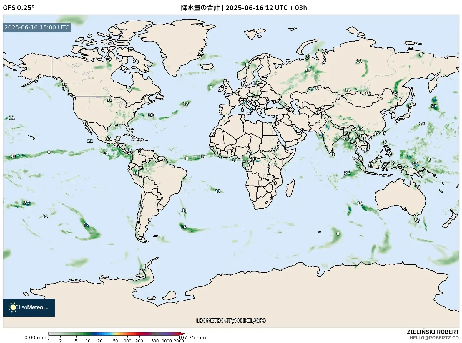 GFS model - 世界, 降水量の合計 GFS model - 世界, 降水量の合計
