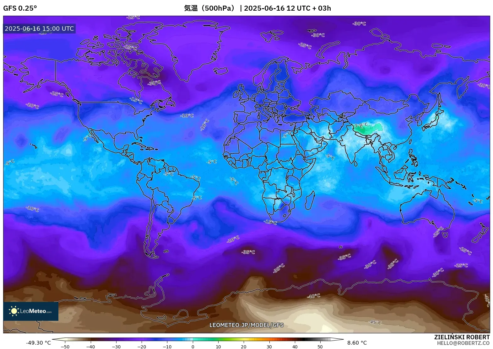 GFS model - 世界, 気温(500hPa) GFS model - 世界, 気温(500hPa)