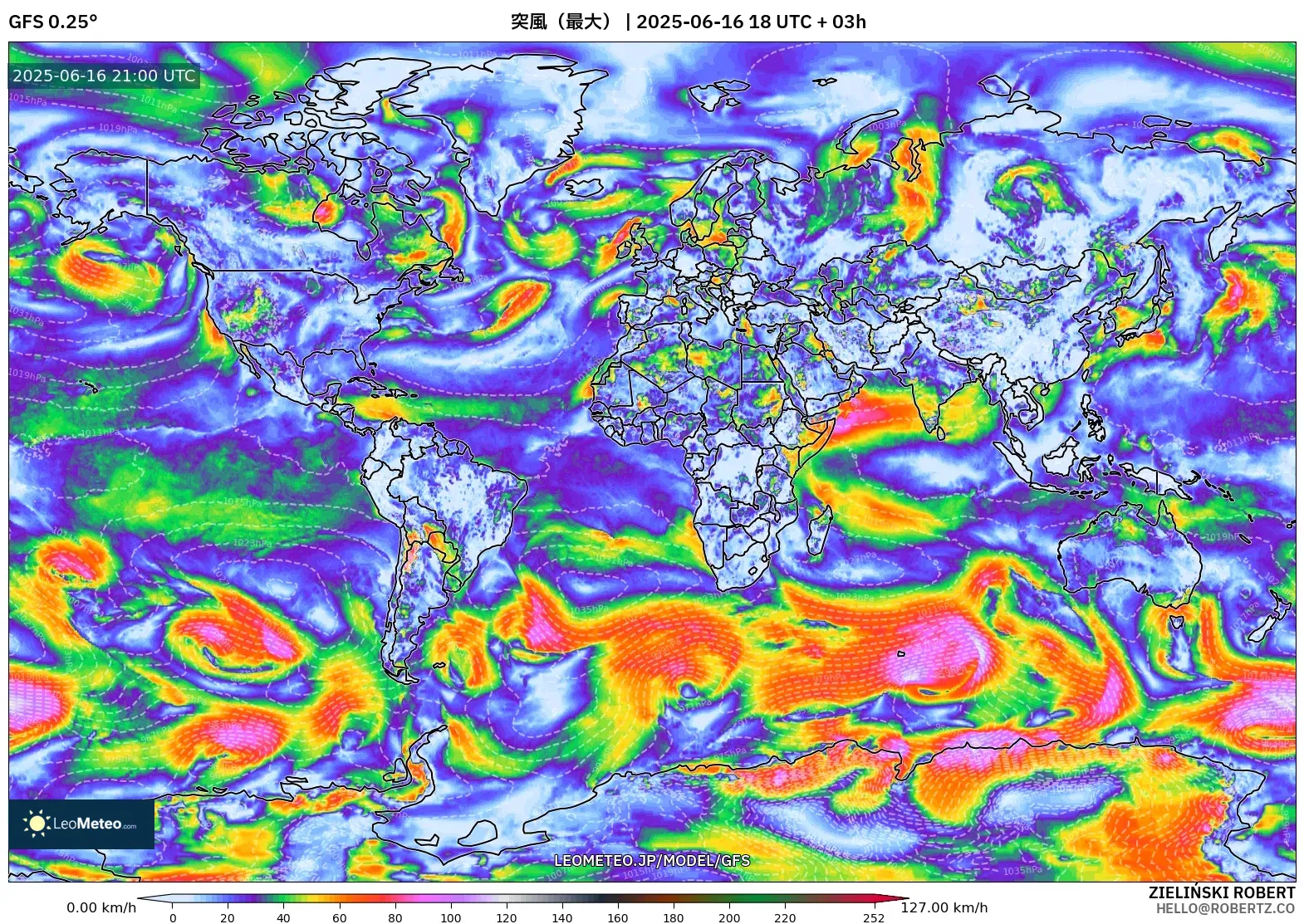 GFS model - 世界, 突風(最大) GFS model - 世界, 突風(最大)