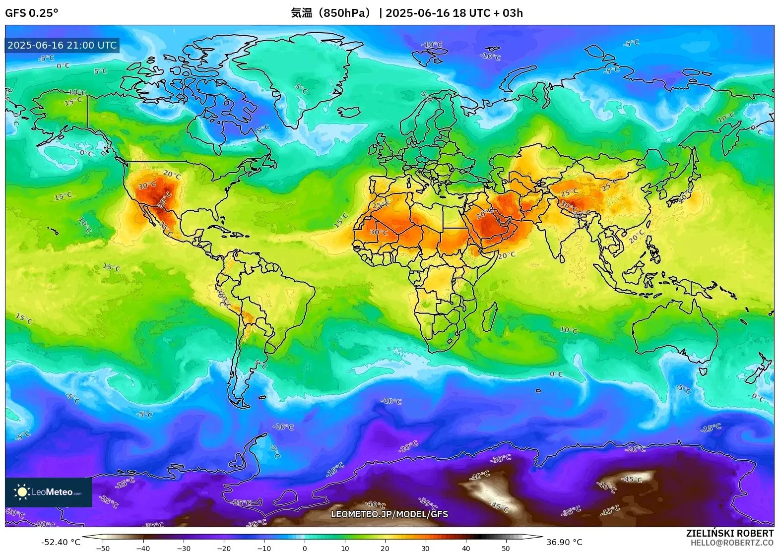 GFS model - 世界, 気温(850hPa) GFS model - 世界, 気温(850hPa)