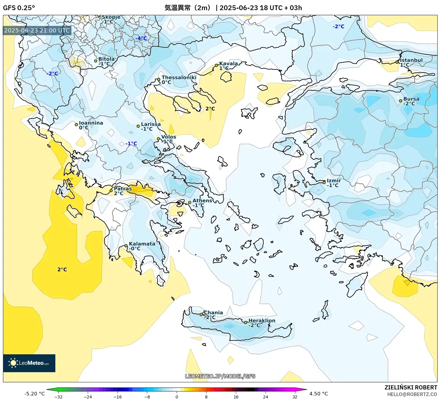 GFS model - ギリシャ, 気温異常(2m) GFS model - ギリシャ, 気温異常(2m)