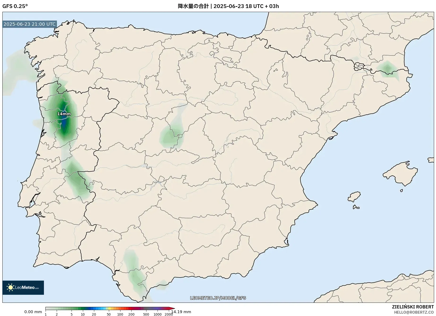 GFS model - スペイン, 降水量の合計 GFS model - スペイン, 降水量の合計