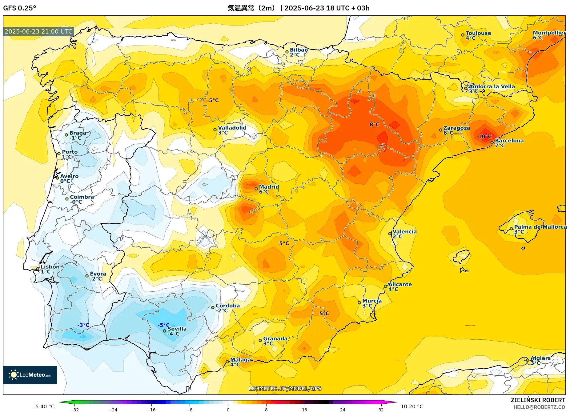 GFS model - スペイン, 気温異常(2m) GFS model - スペイン, 気温異常(2m)