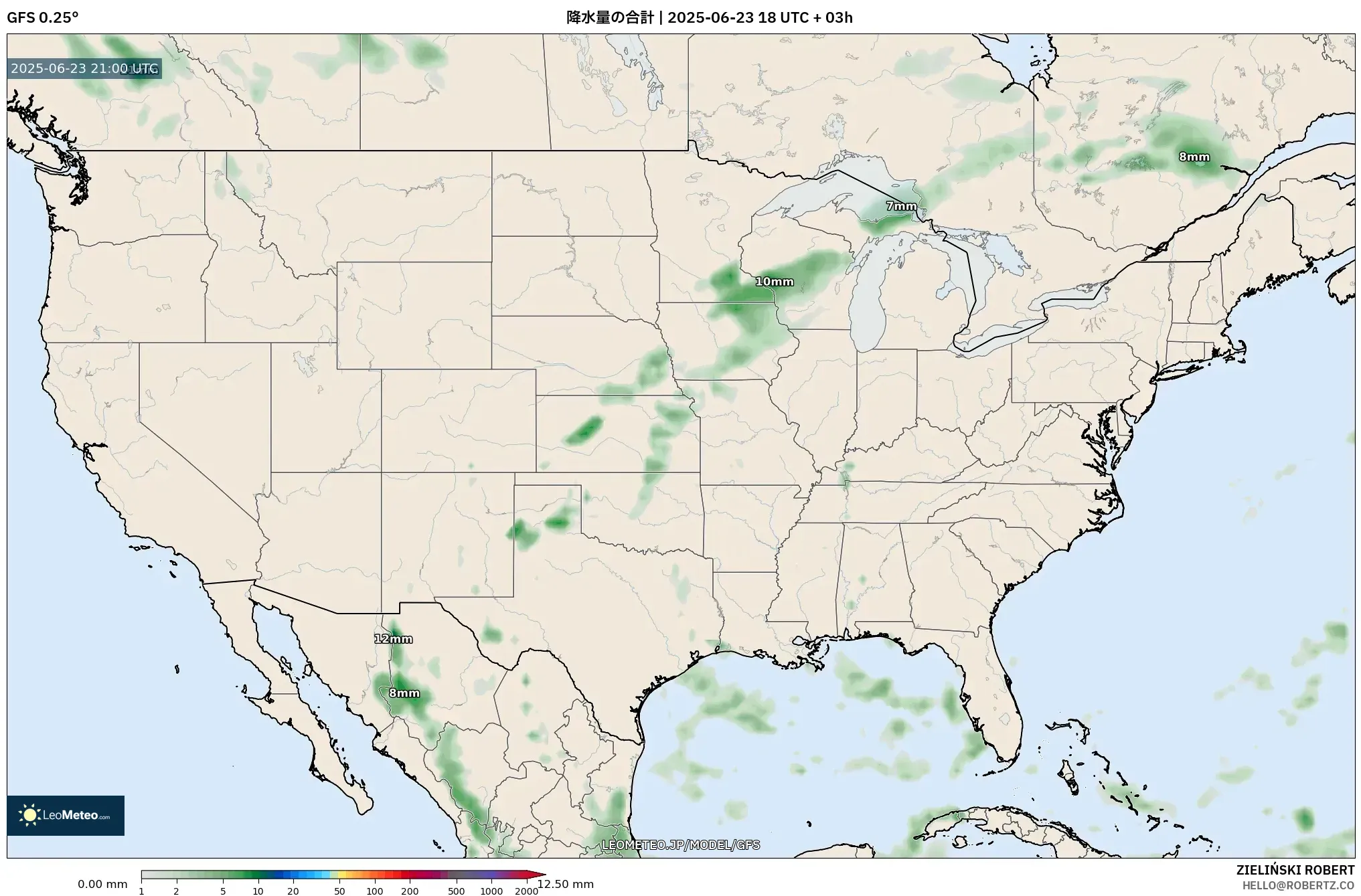 GFS model - アメリカ合衆国, 降水量の合計 GFS model - アメリカ合衆国, 降水量の合計