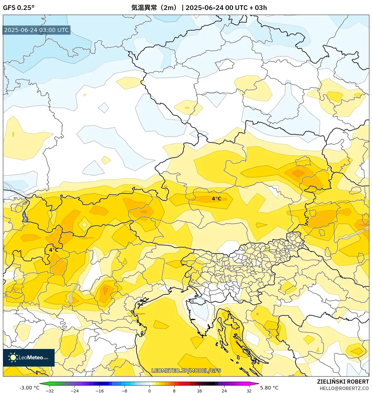 GFS model - オーストリア, 気温異常（2m）