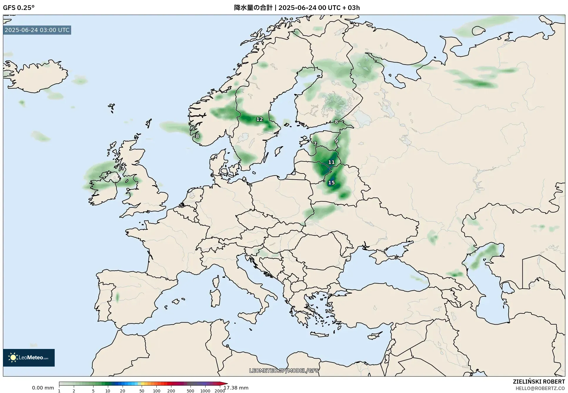 GFS model - ヨーロッパ, 降水量の合計 GFS model - ヨーロッパ, 降水量の合計