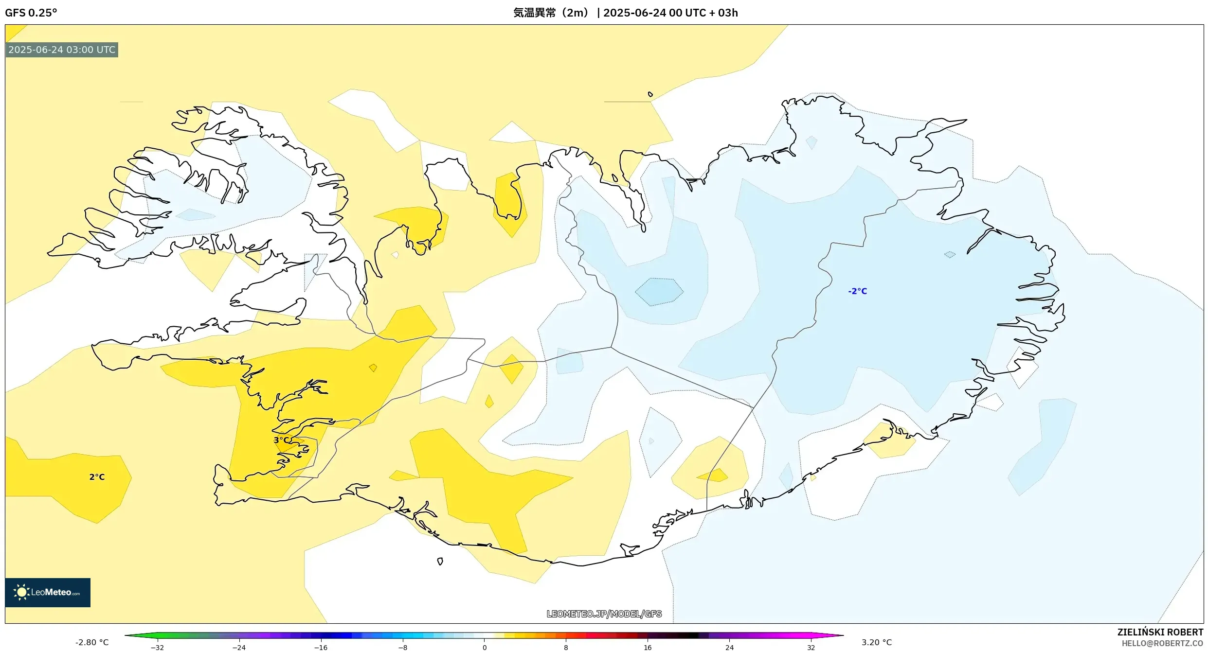 GFS model - アイスランド, 気温異常（2m）