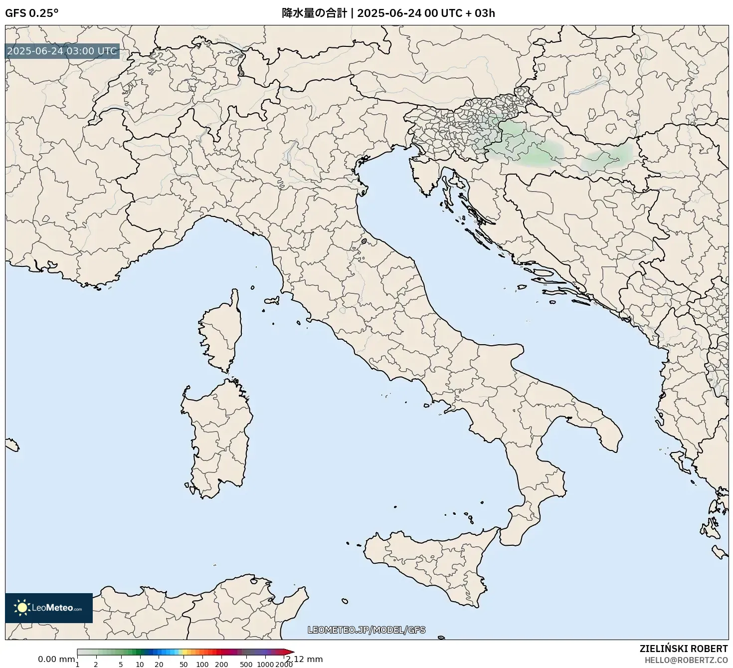 GFS model - イタリア, 降水量の合計 GFS model - イタリア, 降水量の合計