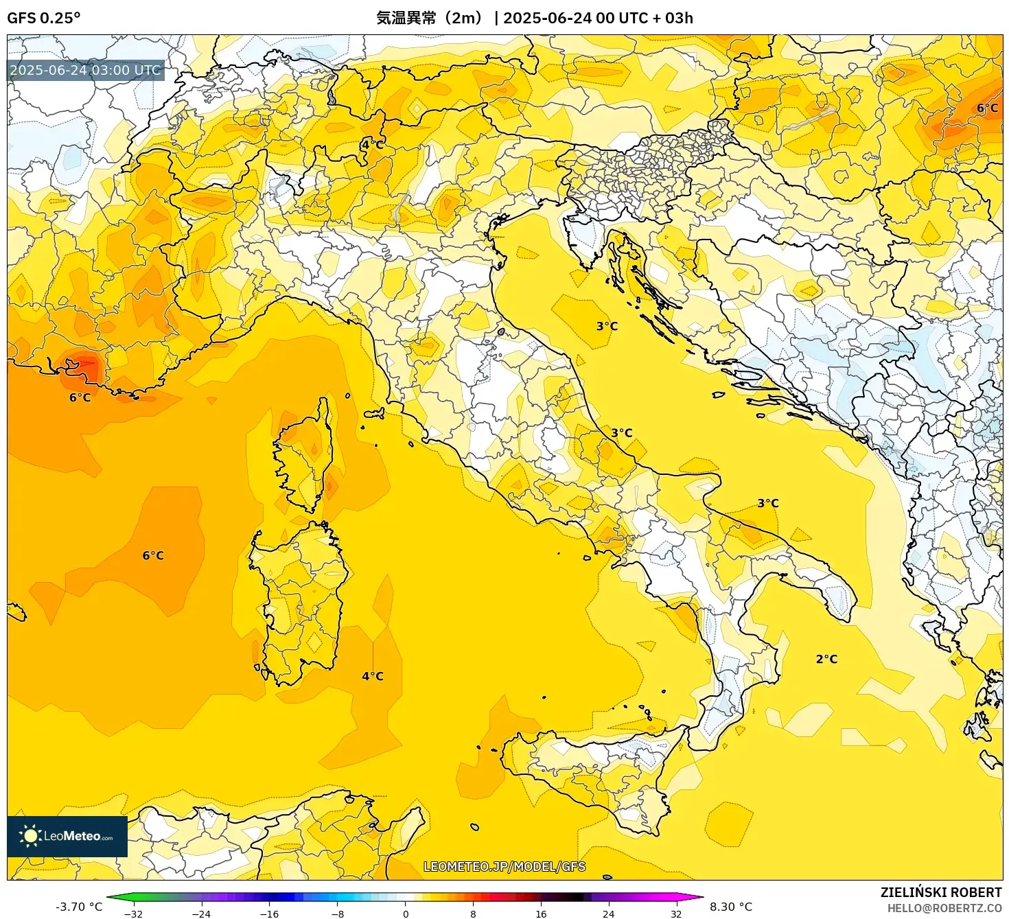 GFS model - イタリア, 気温異常（2m）