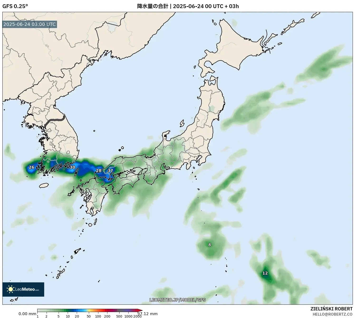 GFS model - 日本, 降水量の合計 GFS model - 日本, 降水量の合計
