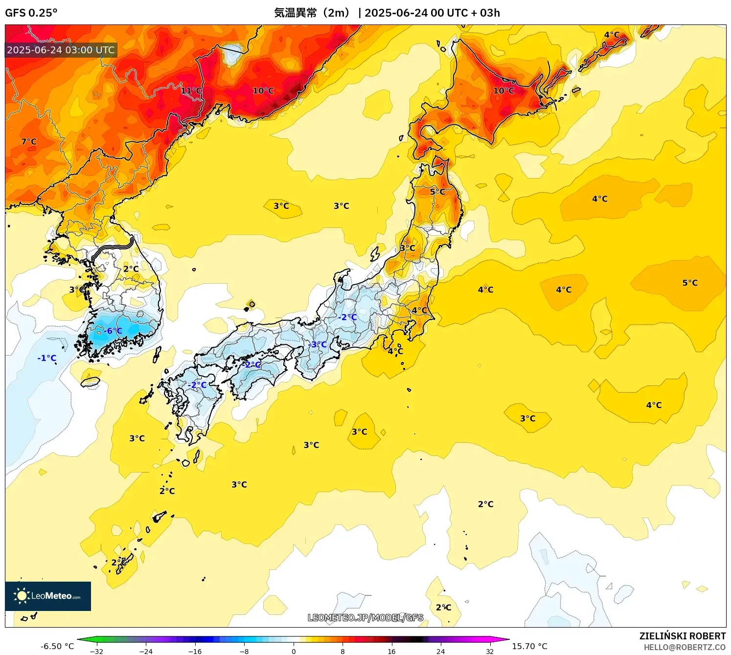 GFS model - 日本, 気温異常（2m）