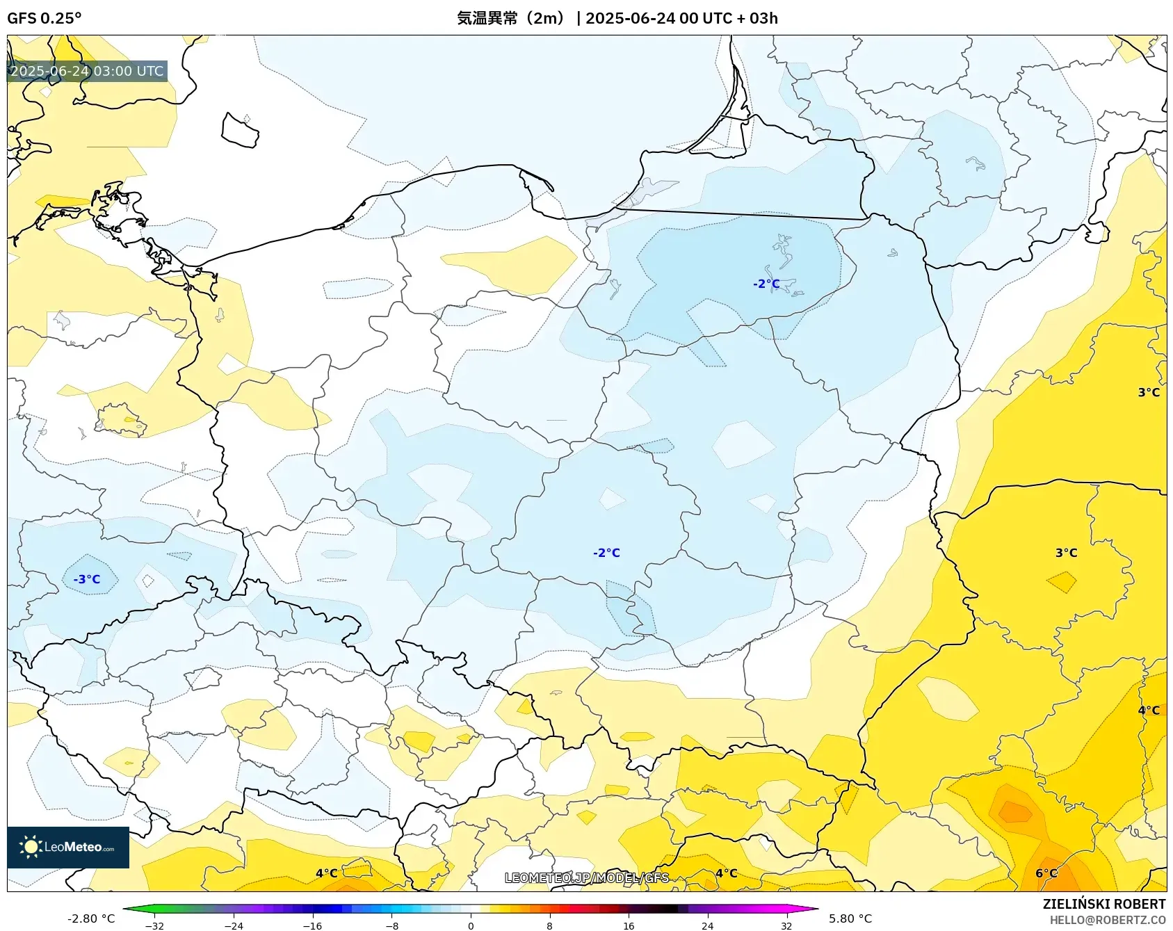 GFS model - ポーランド, 気温異常（2m）