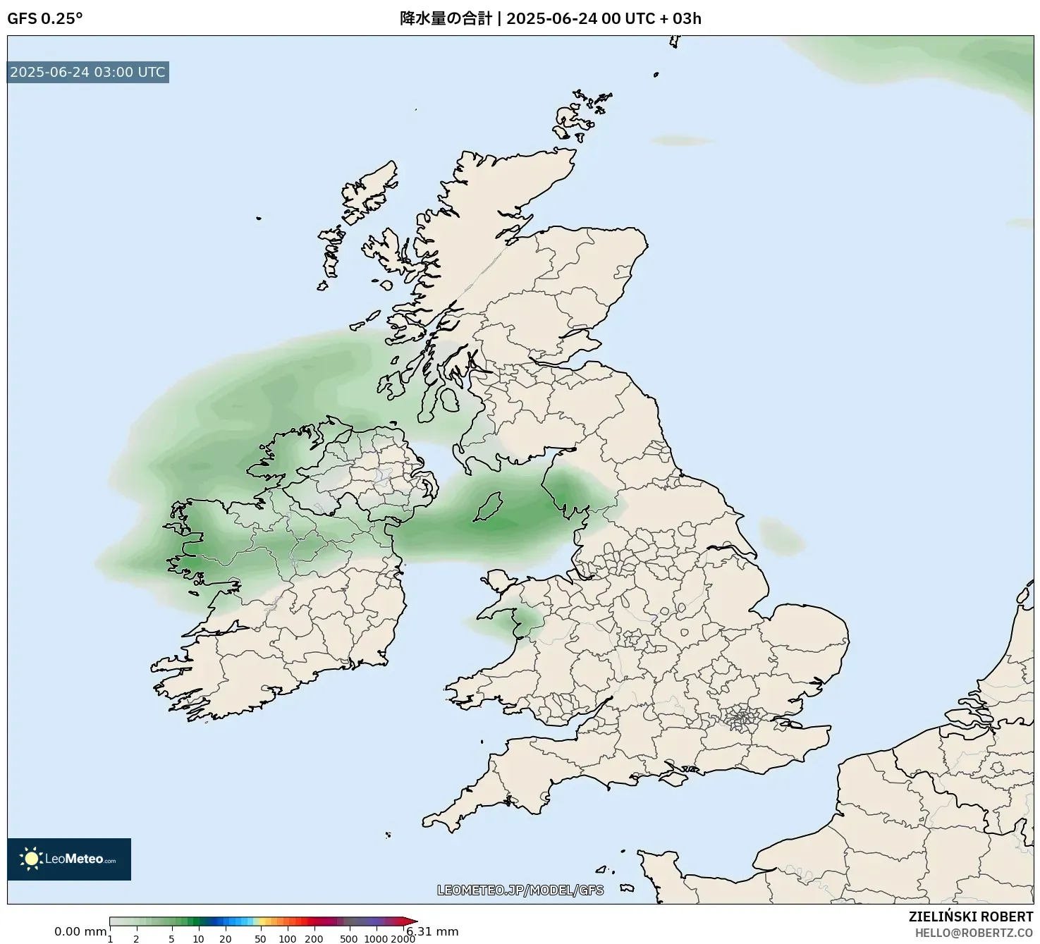 GFS model - イギリス, 降水量の合計 GFS model - イギリス, 降水量の合計