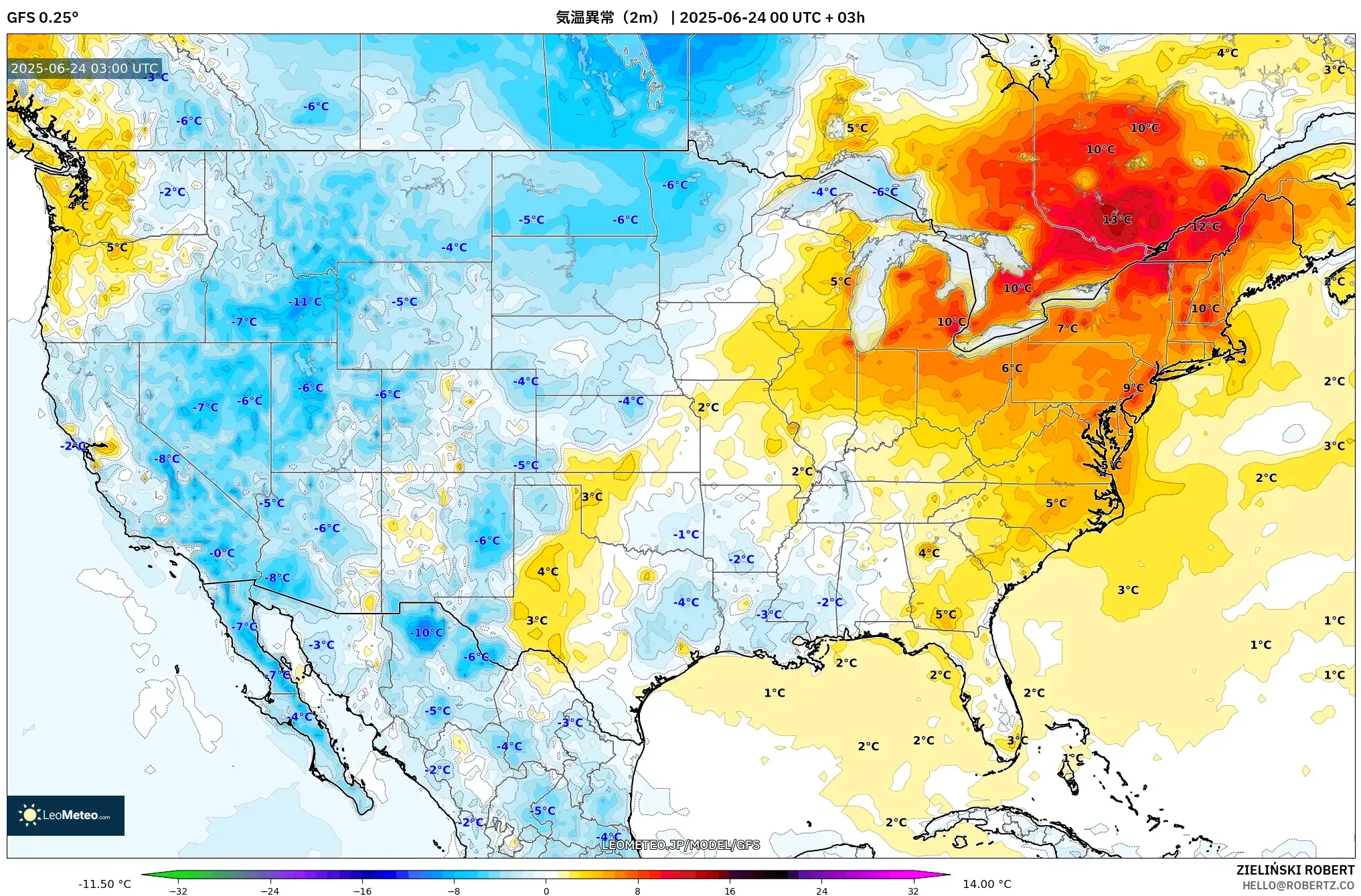 GFS model - アメリカ合衆国, 気温異常（2m）
