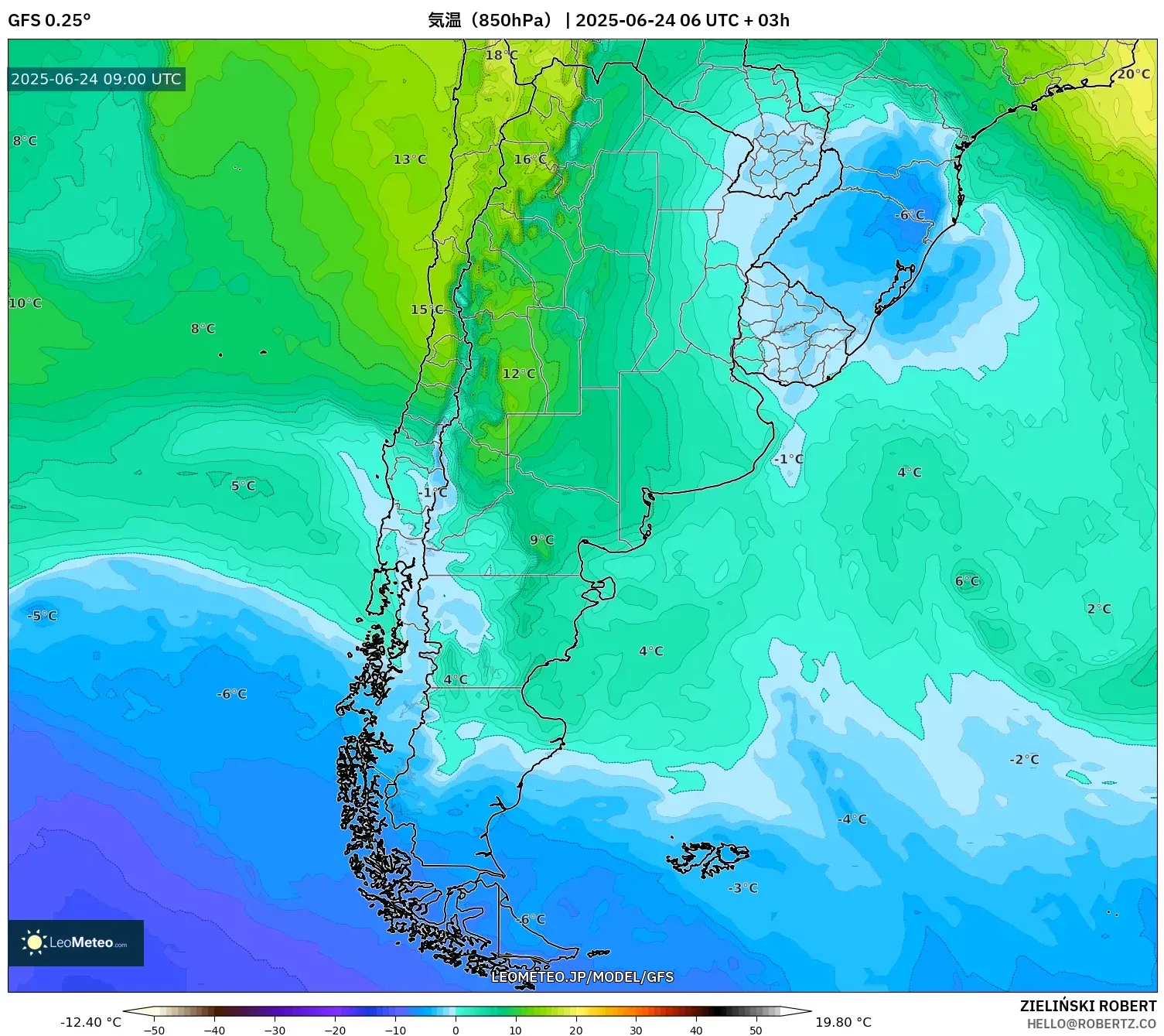 GFS model - アルゼンチン, 気温(850hPa) GFS model - アルゼンチン, 気温(850hPa)