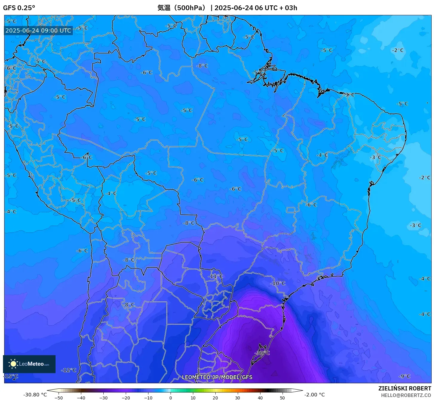 GFS model - ブラジル, 気温(500hPa) GFS model - ブラジル, 気温(500hPa)
