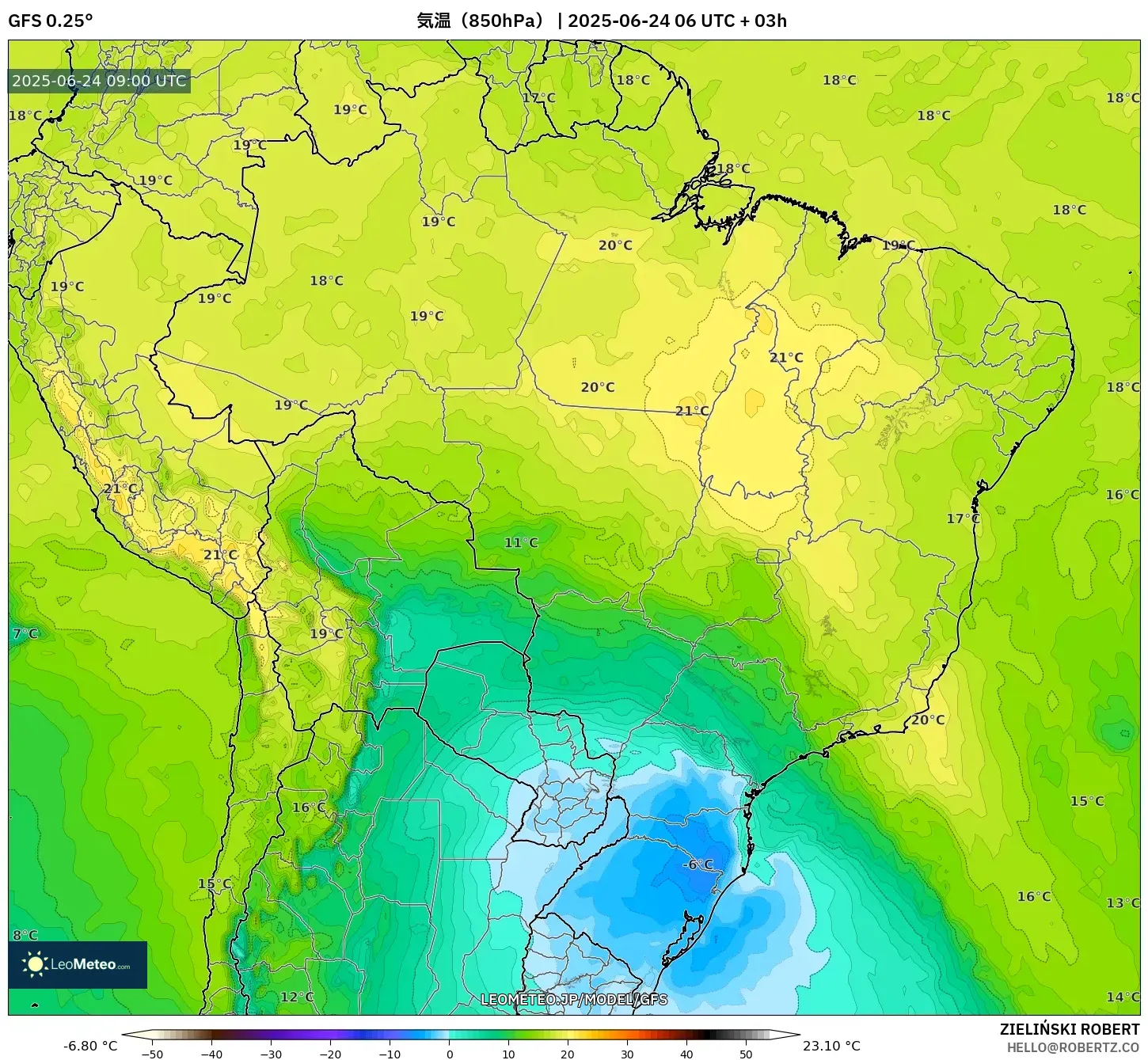 GFS model - ブラジル, 気温(850hPa) GFS model - ブラジル, 気温(850hPa)