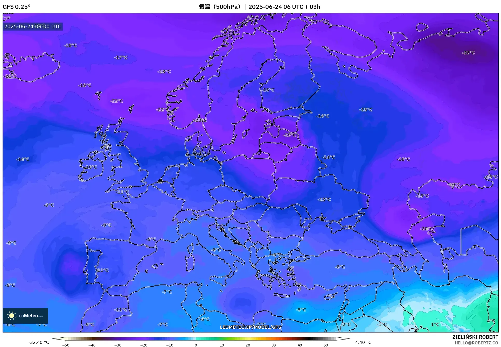 GFS model - ヨーロッパ, 気温(500hPa) GFS model - ヨーロッパ, 気温(500hPa)