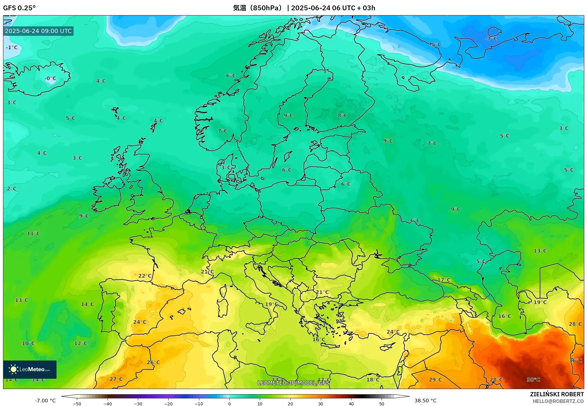 GFS model - ヨーロッパ, 気温(850hPa) GFS model - ヨーロッパ, 気温(850hPa)