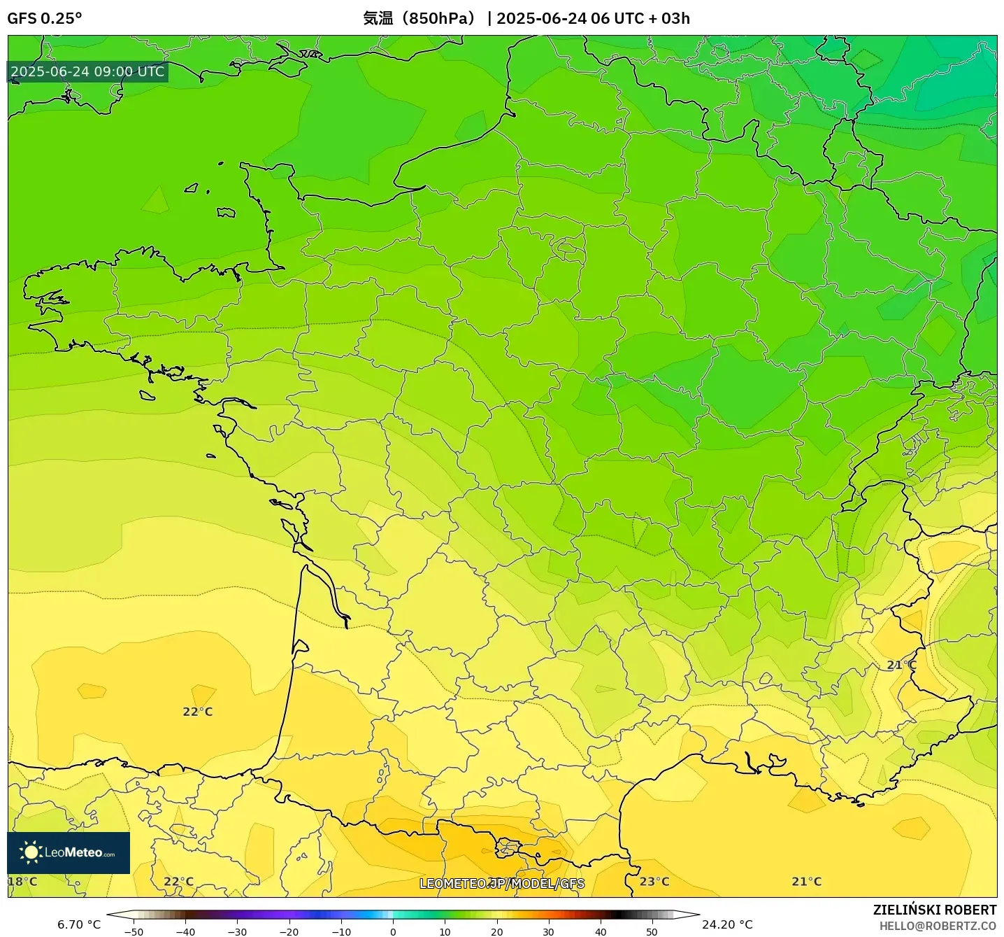 GFS model - フランス, 気温(850hPa) GFS model - フランス, 気温(850hPa)
