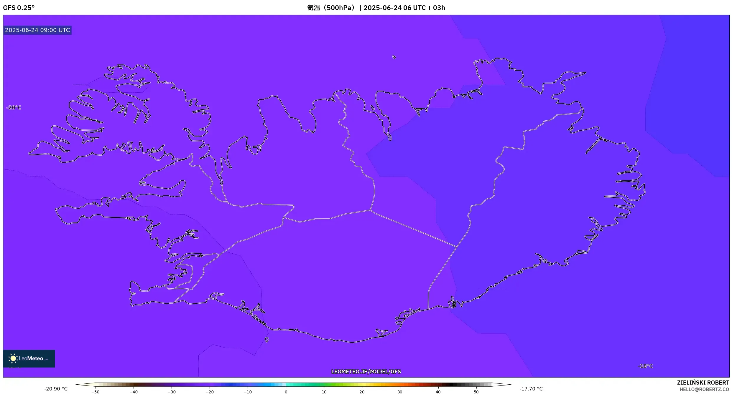 GFS model - アイスランド, 気温(500hPa) GFS model - アイスランド, 気温(500hPa)
