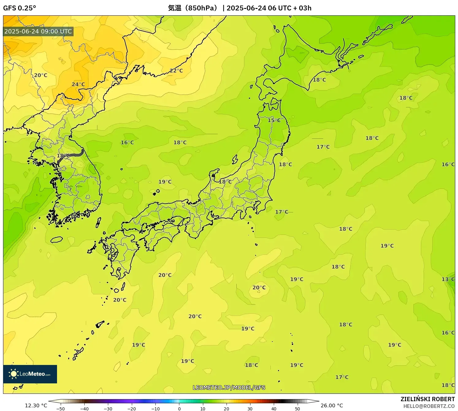 GFS model - 日本, 気温(850hPa) GFS model - 日本, 気温(850hPa)
