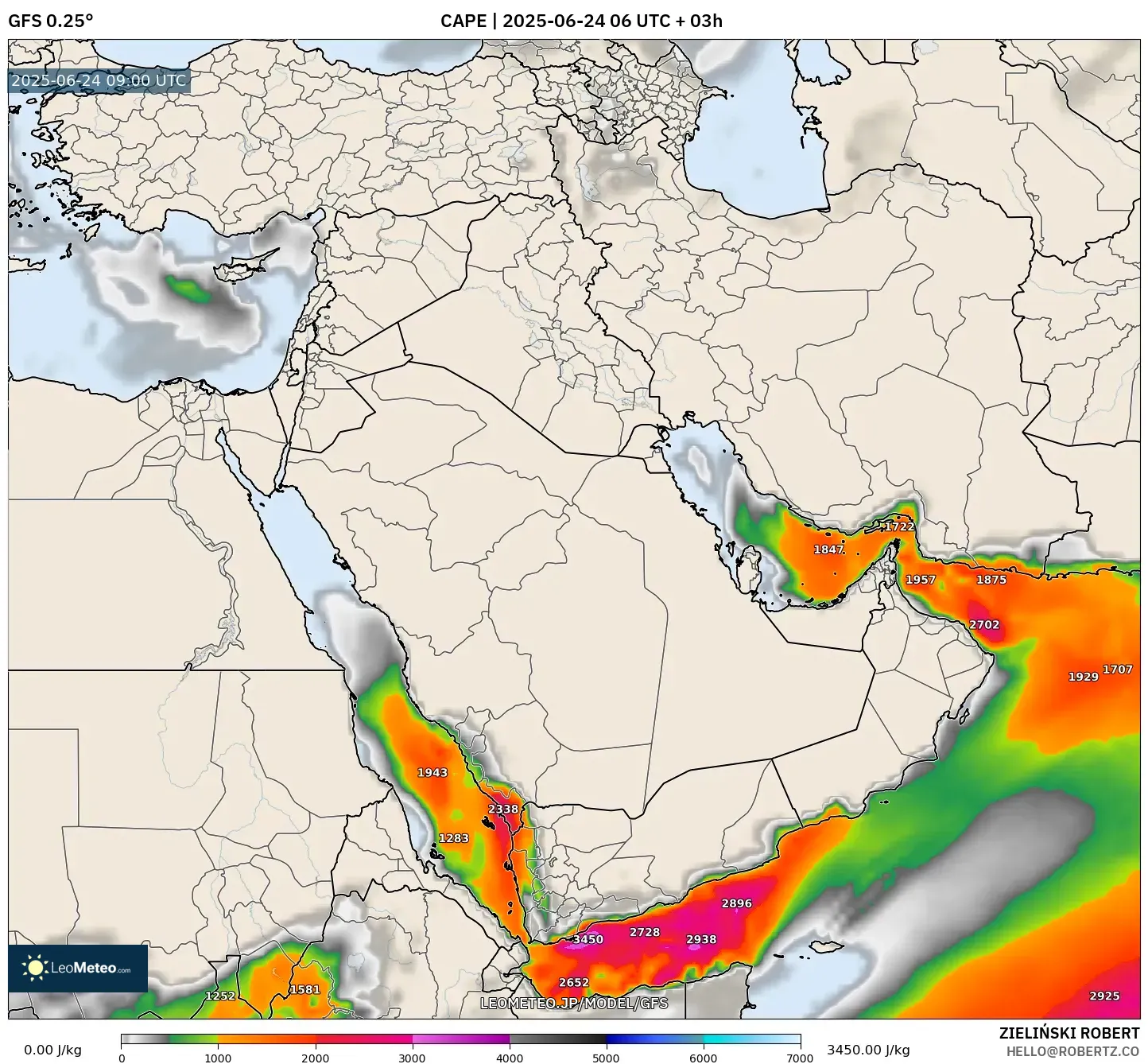 GFS model - 中東, CAPE GFS model - 中東, CAPE