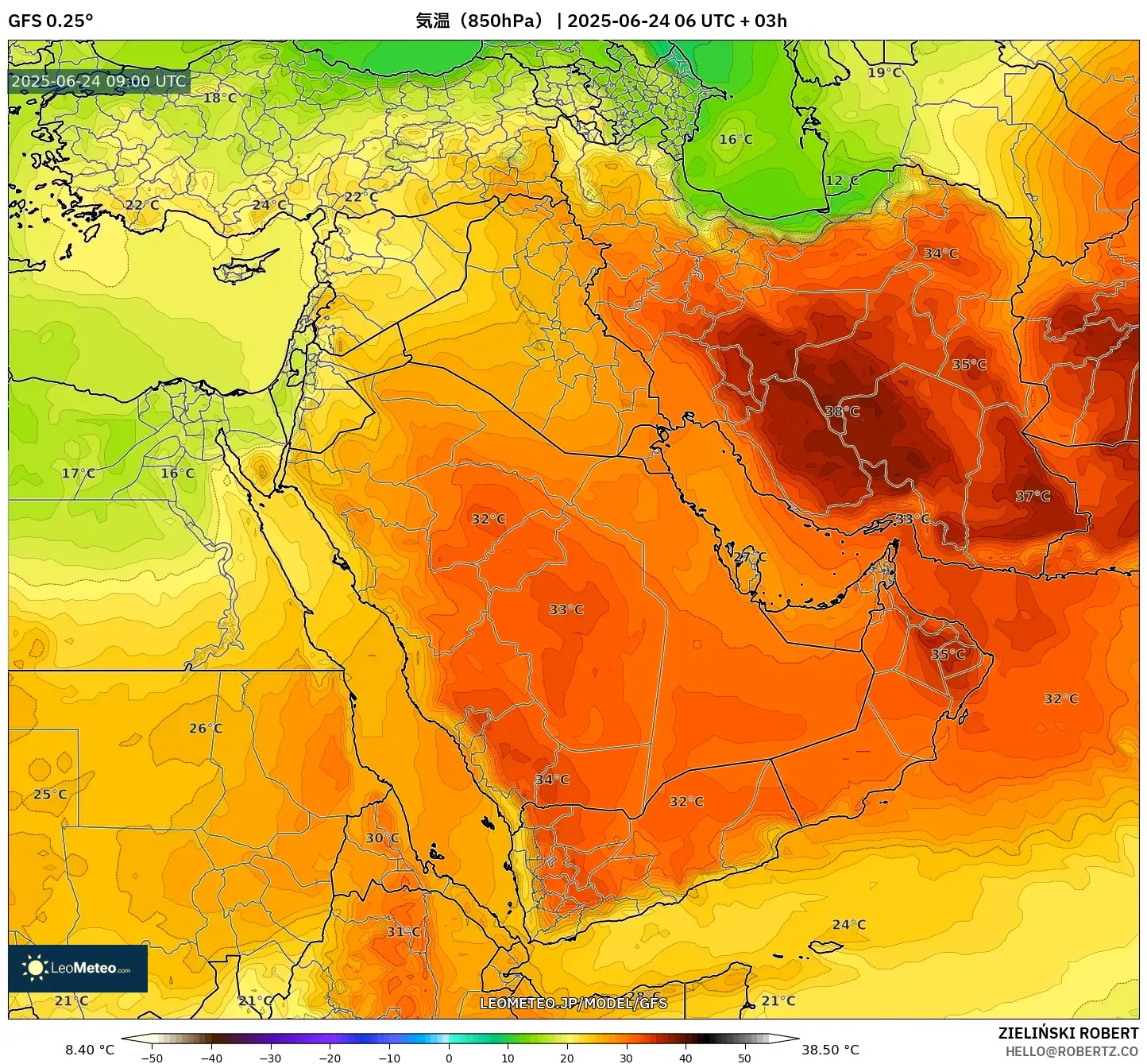 GFS model - 中東, 気温(850hPa) GFS model - 中東, 気温(850hPa)