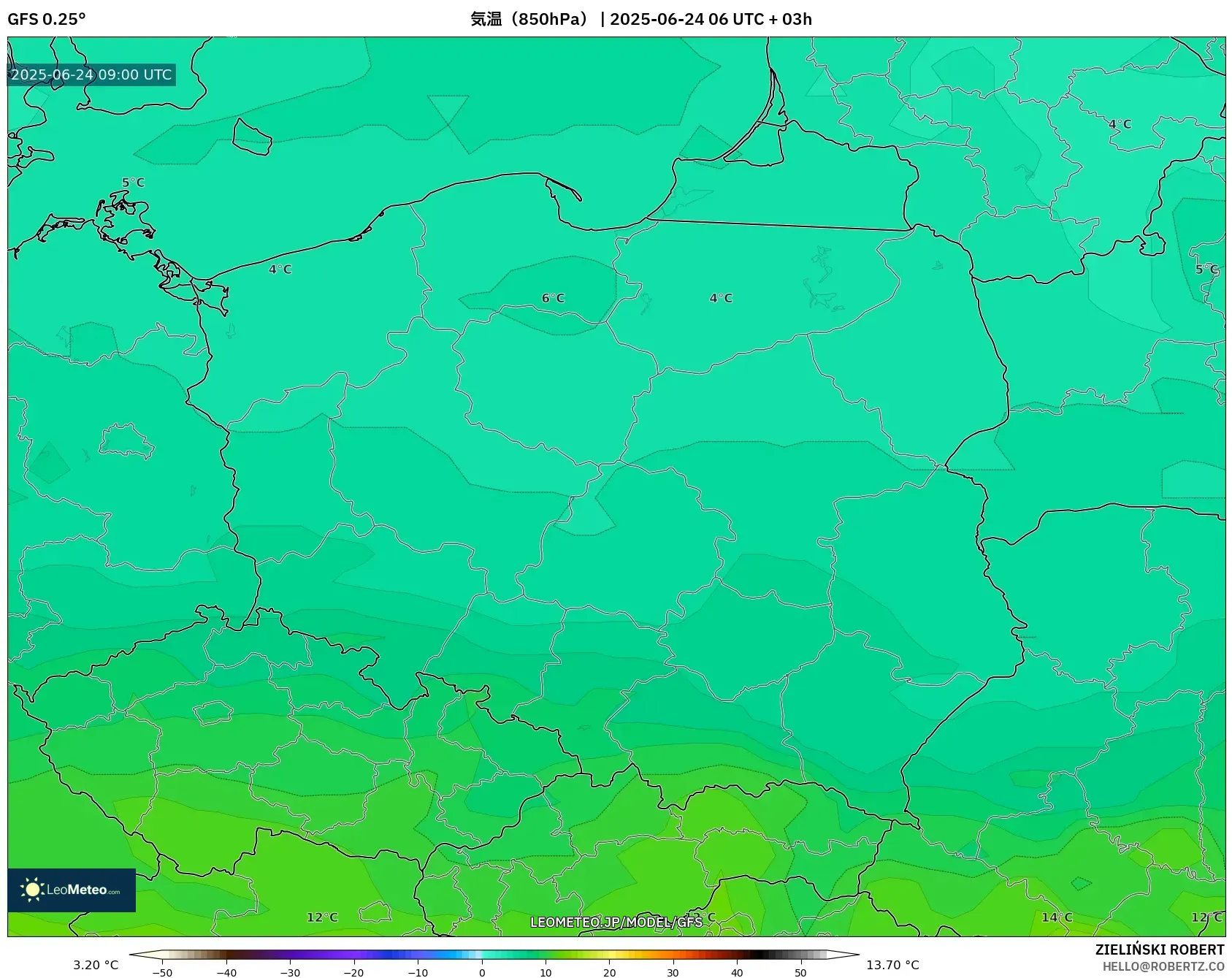 GFS model - ポーランド, 気温(850hPa) GFS model - ポーランド, 気温(850hPa)