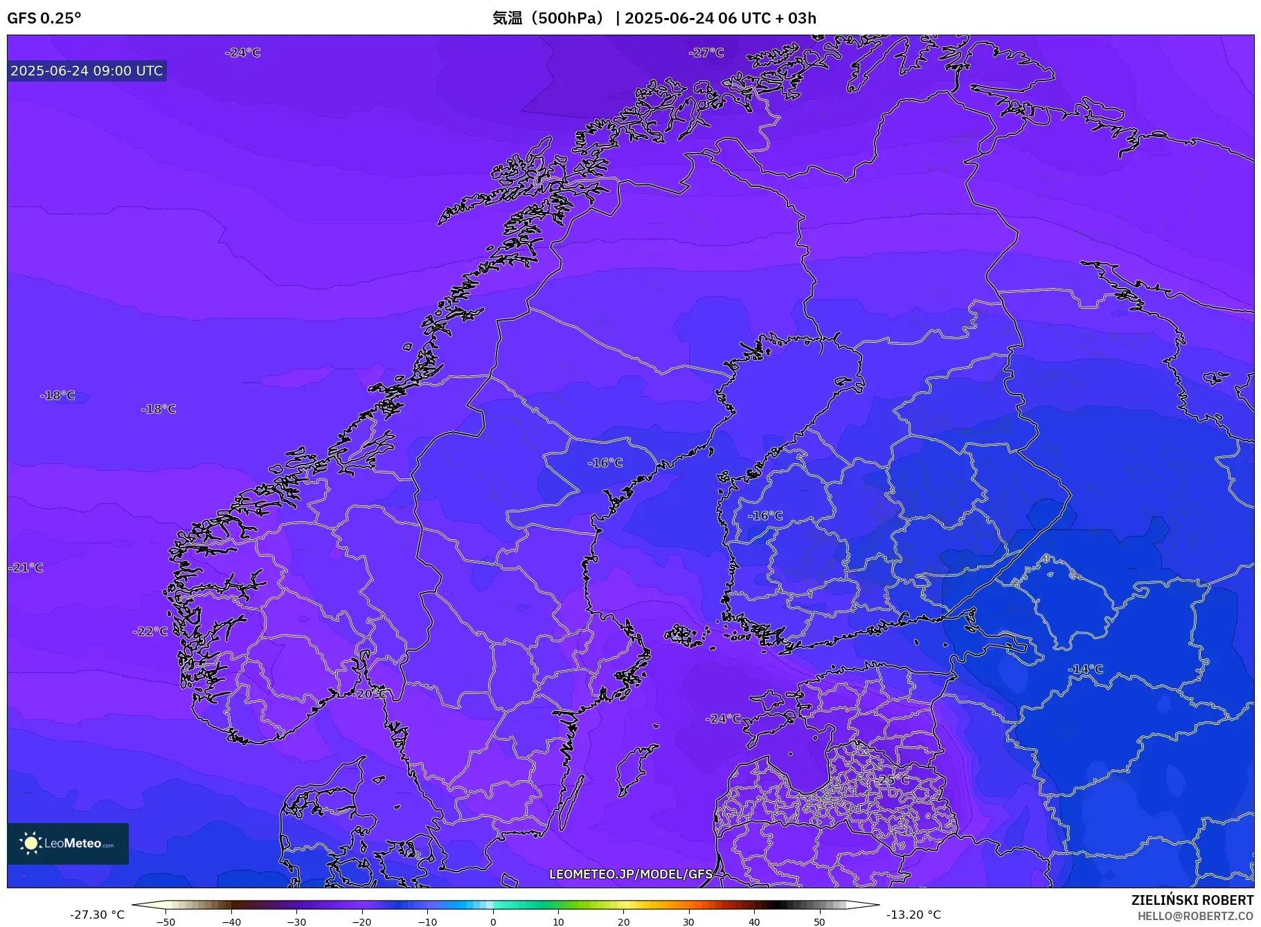 GFS model - スカンジナビア, 気温(500hPa) GFS model - スカンジナビア, 気温(500hPa)