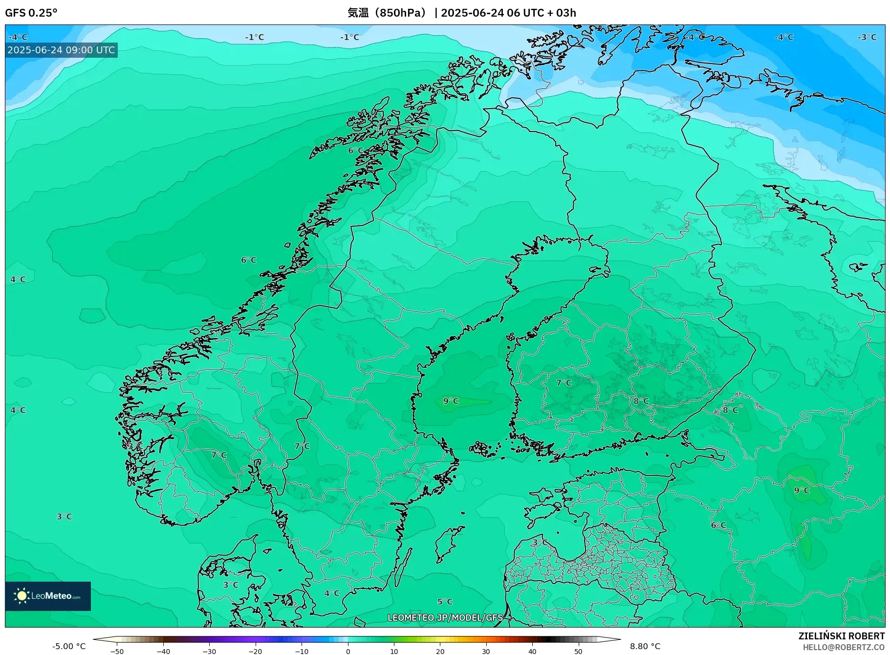 GFS model - スカンジナビア, 気温(850hPa) GFS model - スカンジナビア, 気温(850hPa)