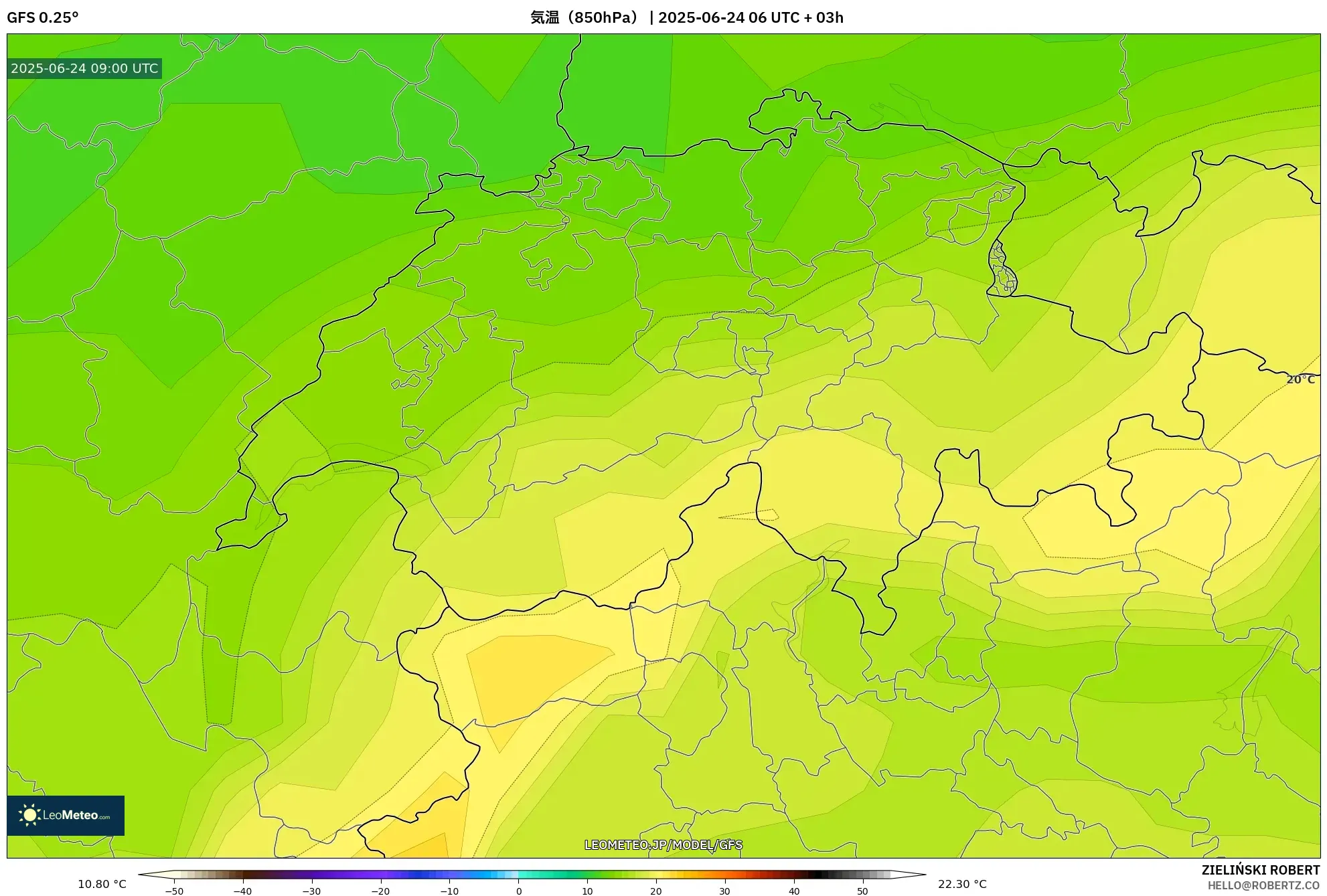 GFS model - スイス, 気温(850hPa) GFS model - スイス, 気温(850hPa)